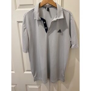 Adidas Mens Golf Polo Shirt White Navy Blue Striped Short Sleeve Large RN 88387